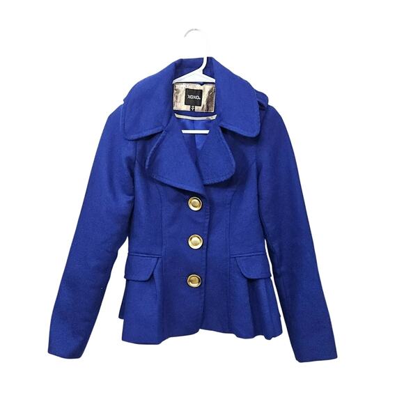 VTG Y2K XOXO Royal Blue Pea Coat Flare Waist Gold Buttons Gold Zippers Sz Small - Picture 1 of 10